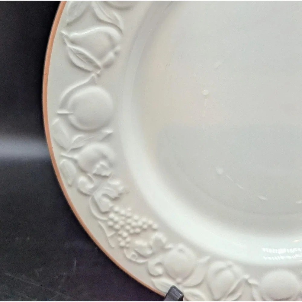 Set/4 Pier 1 Italian Pottery White Embossed Fruit Terra Cotta Edge Dinner Plate